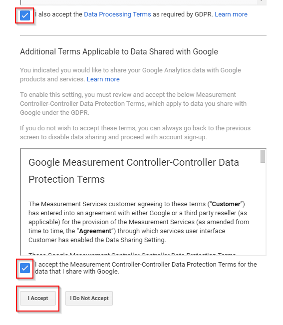 User explorer: Google analytics- accept terms and conditions